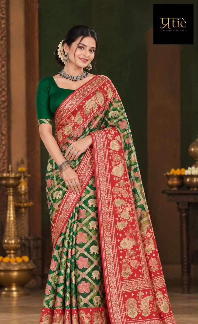 Mithila Emerald & Crimson Royal Temple Silk Saree