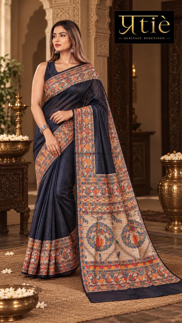 Mithila Midnight Indigo Handpainted Tussar Saree